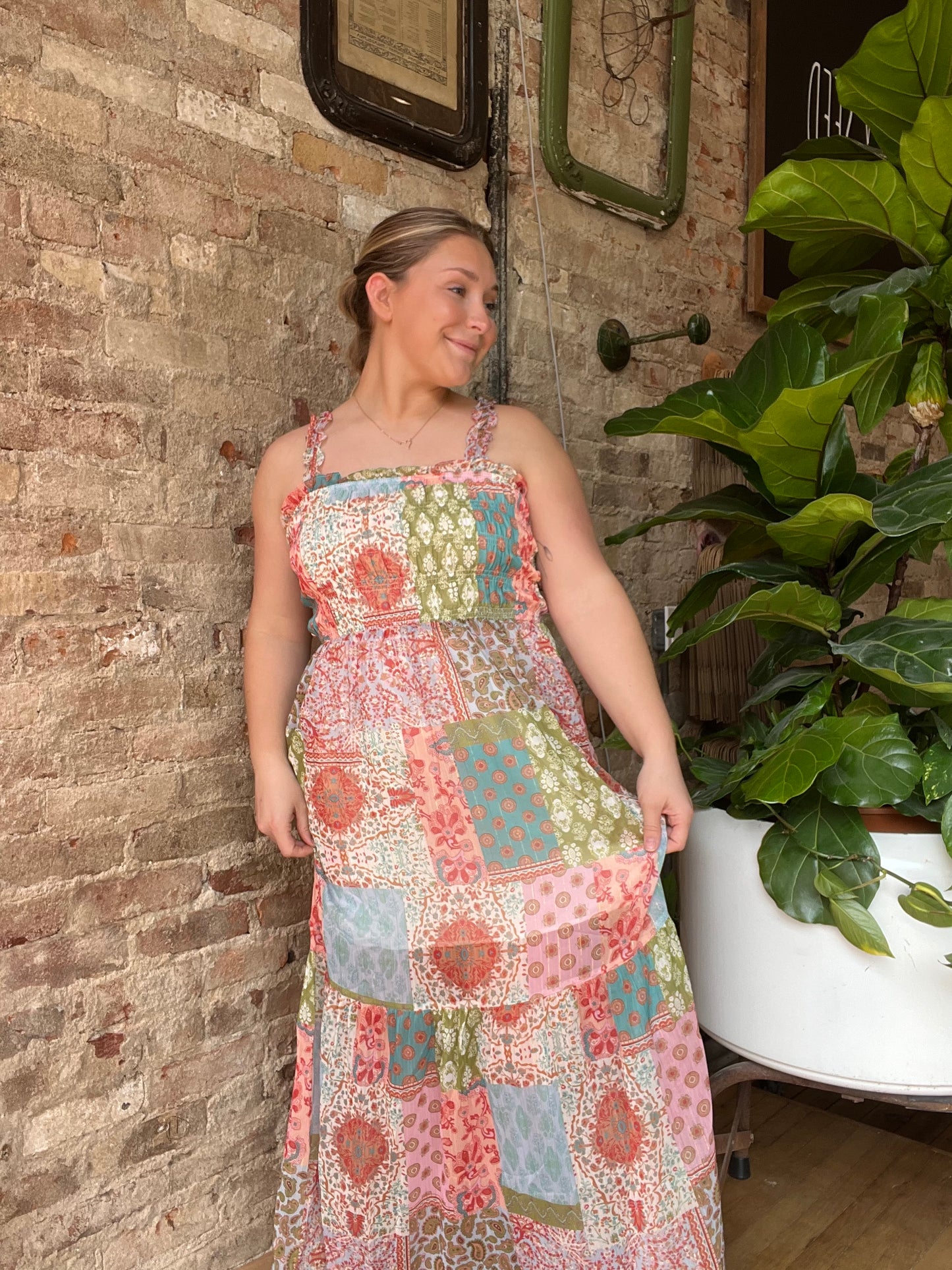 Smocked Patchwork Midi Dress