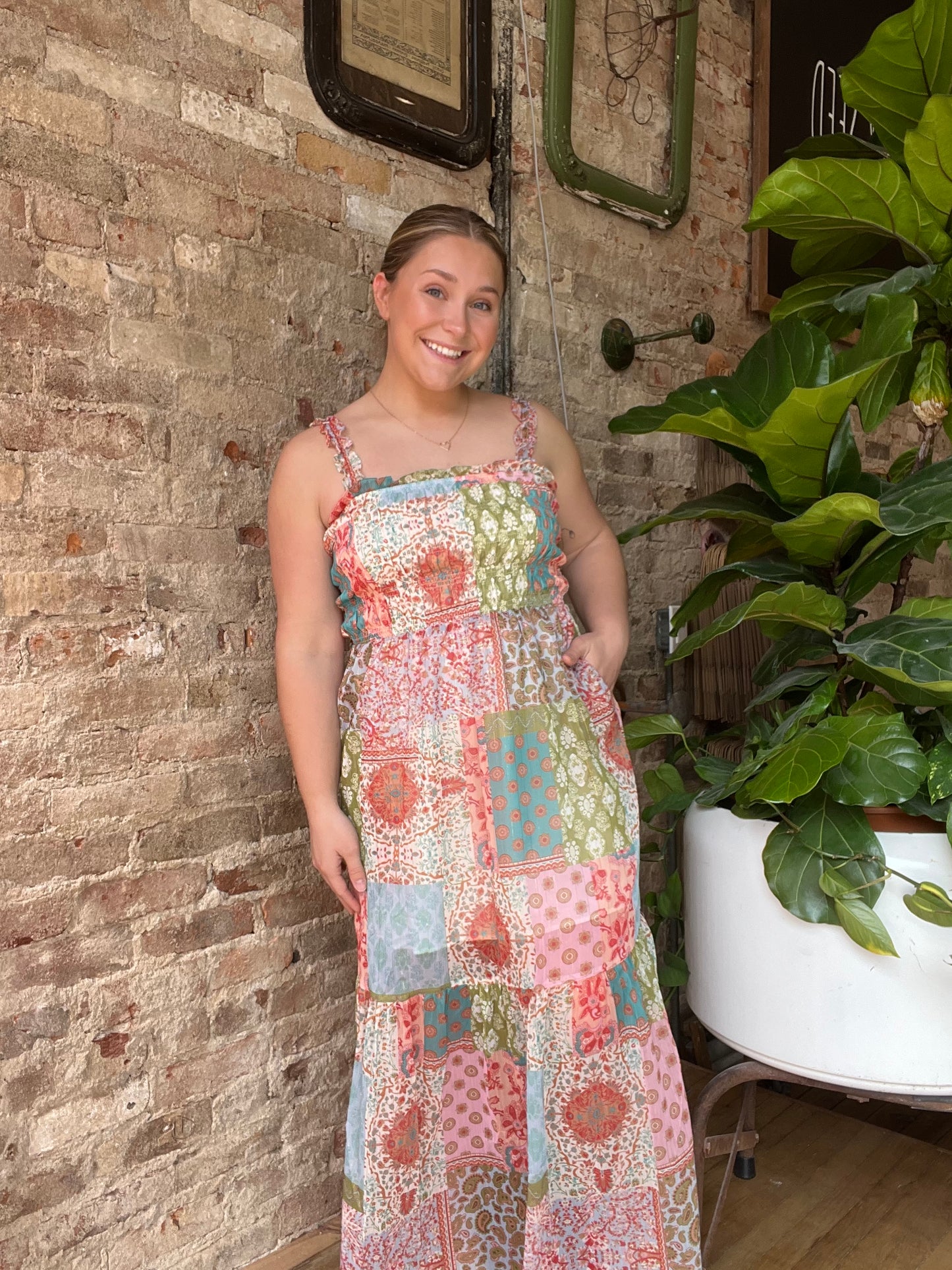 Smocked Patchwork Midi Dress
