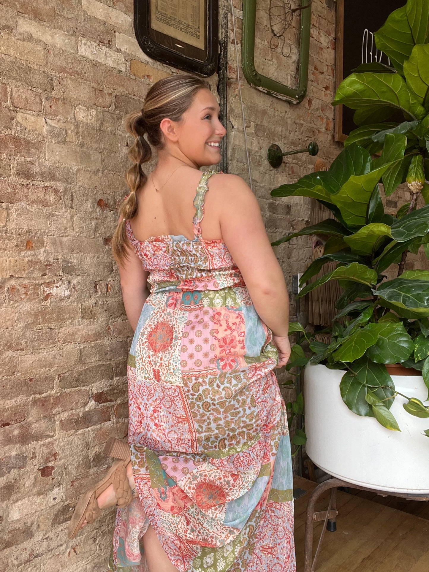Smocked Patchwork Midi Dress