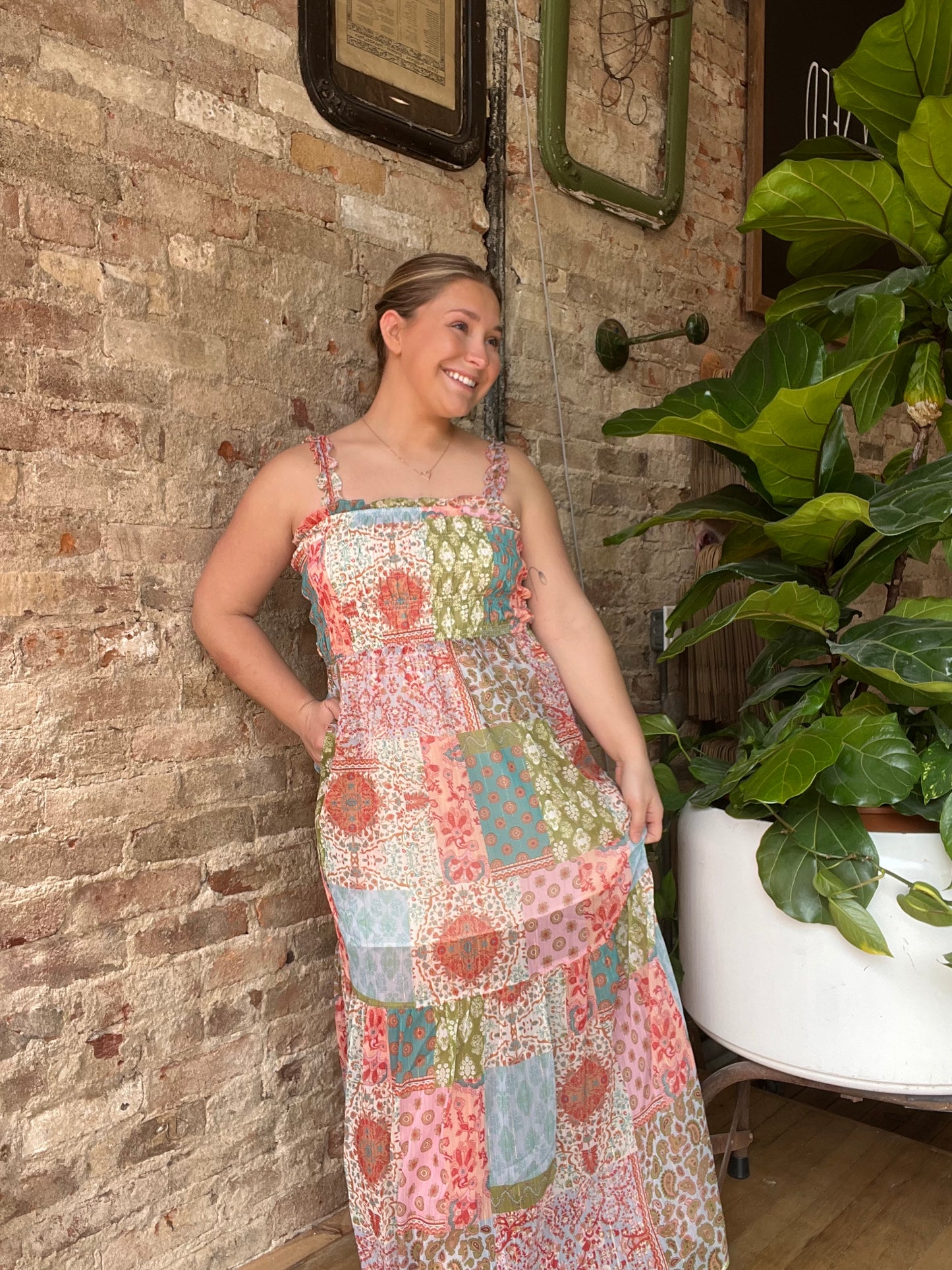 Smocked Patchwork Midi Dress