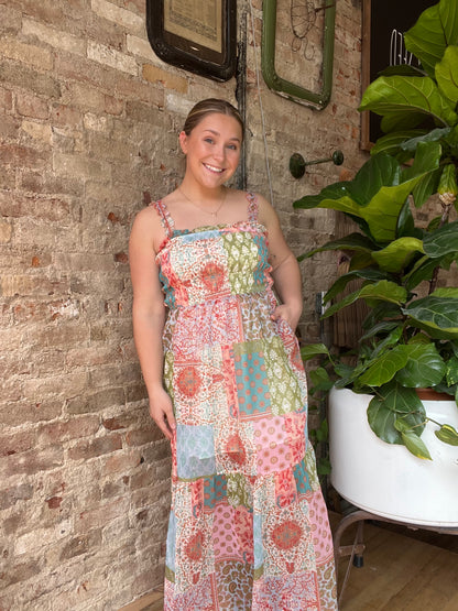 Smocked Patchwork Midi Dress